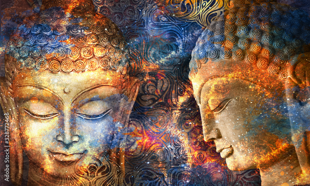 Wall mural Heads of the Lord Buddha in full face and profile on a multicolor psychedelic background. Collage, digital art. Can be used for printing onto fabric and yoga mat