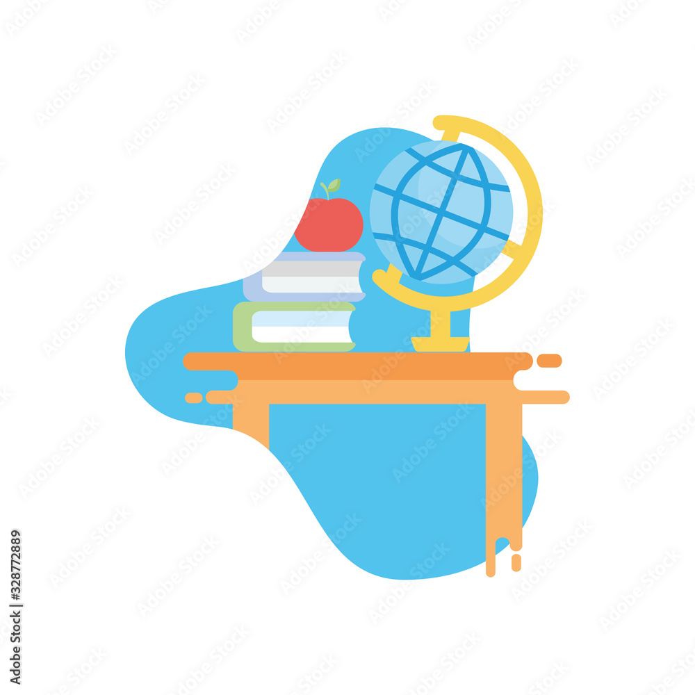 Poster apple over school books and global sphere flat block style icon vector design