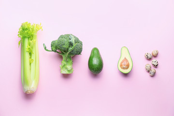 Healthy products on color background