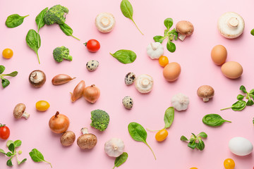 Healthy products on color background