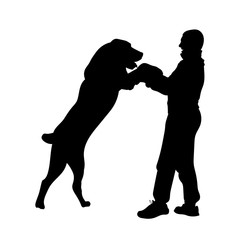 Dog plays and man owner. Friendship. Man having fun with Central Asian Shepherd Alabai. Walking with pet. Vector illustration. Silhouettes of man and dog.