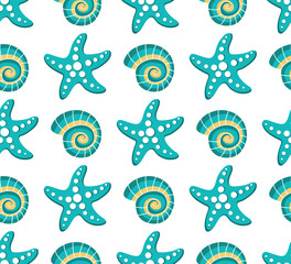 Vector seamless pattern with sea stars and seashels