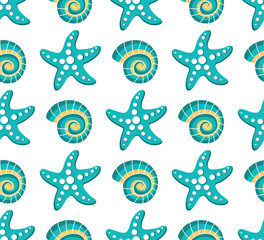 Materiał do szycia Vector seamless pattern with sea stars and seashels