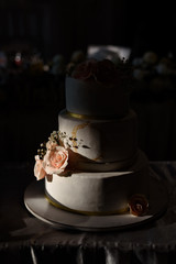 Beautiful wedding cake with colorful roses in the sunlight