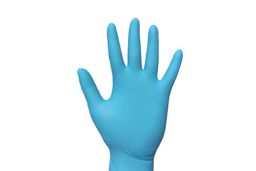 Doctor hand and blue gloves isolate on white background