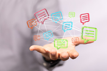 ilustration of a communication concept. The word communication with colorful dialog speech .