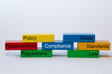 colorful blocks with the words: Compliance, Rules, Standards, Law. Regulations, Requirements,...