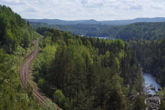 View of the railway track and the Indalsälven river in Sweden