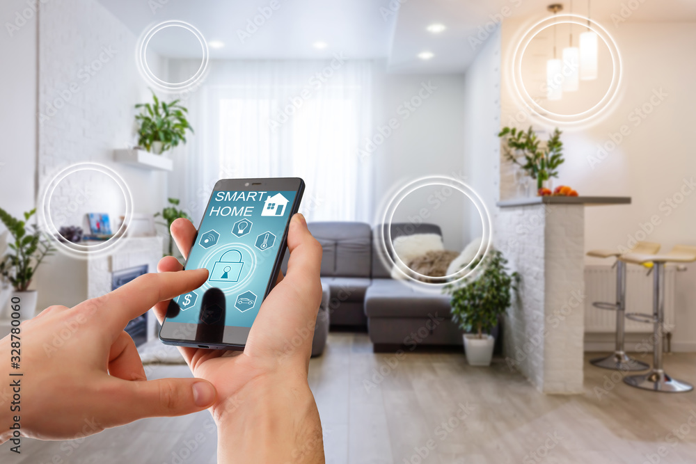 Poster smart home technology interface on smartphone app screen with augmented reality (ar) view of interne