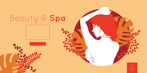 beauty and spa card with woman and leafs plant