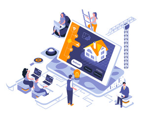 Smart home landing page vector template. Automated house control system website header UI layout with isometric illustration. Wireless controller on tablet display web banner isometry concept