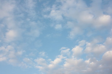 A pale blue sky with scenic white fluffy clouds in spring