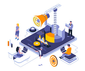 Digital marketing landing page vector template. Target advertising content website header UI layout with isometric illustration. Viral trend, e-commerce campaign web banner isometry concept