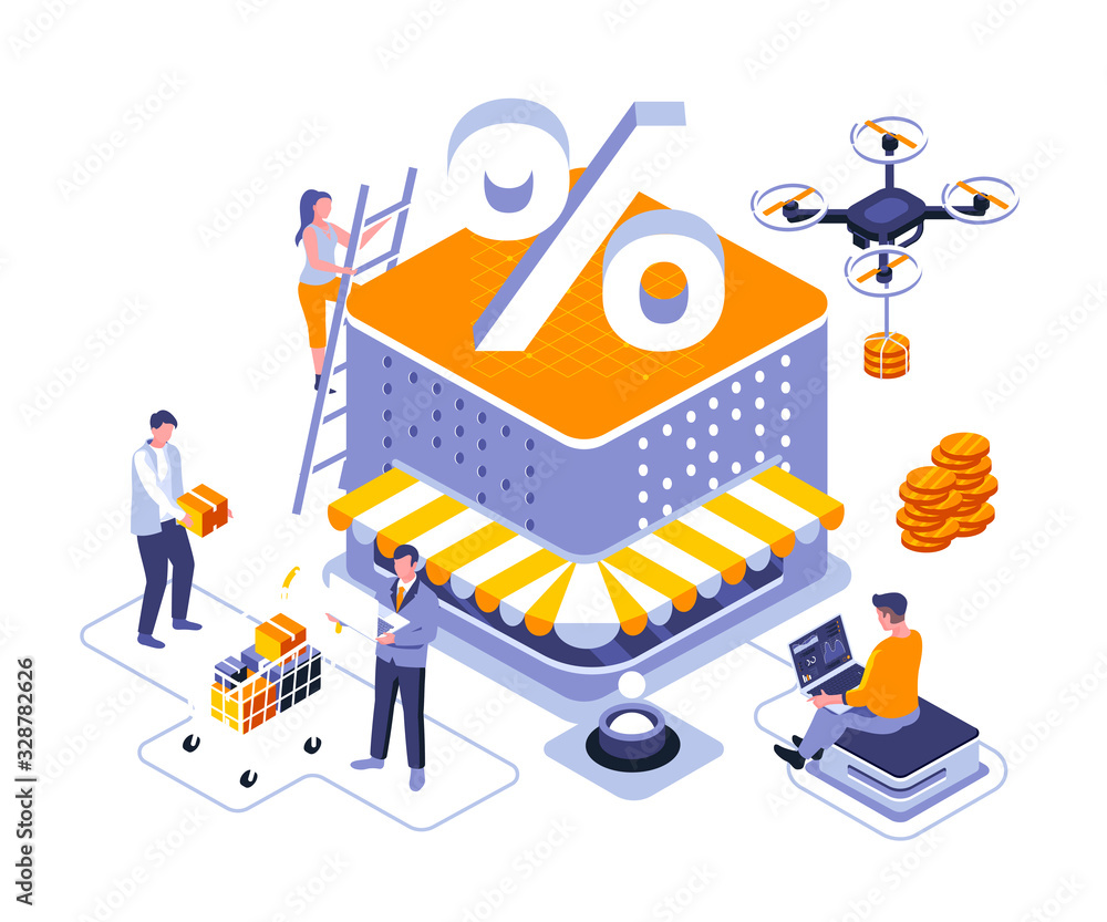 Aufkleber discounts of goods landing page vector template. seasonal price reduction website header ui layout w