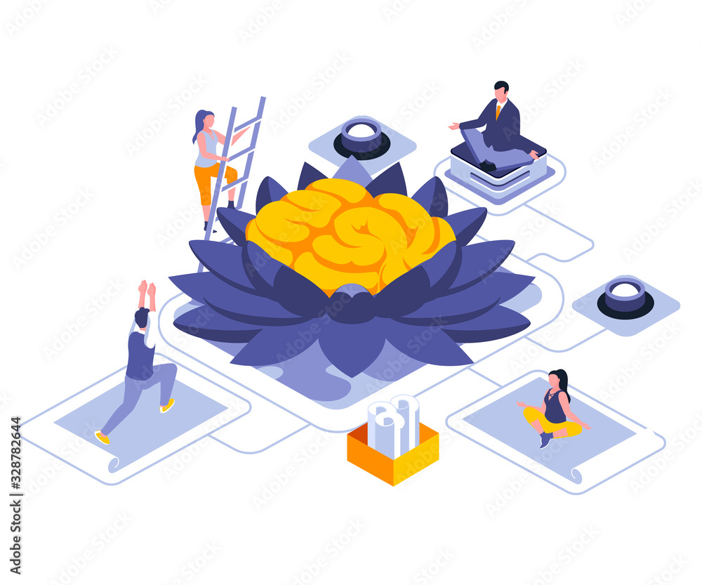 Poster Meditation for mind landing page vector template. Calming techniques, stress relief website header UI layout with isometric illustration. Yoga workout, self-care web banner isometry concept