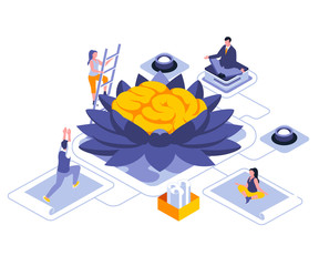 Meditation for mind landing page vector template. Calming techniques, stress relief website header UI layout with isometric illustration. Yoga workout, self-care web banner isometry concept