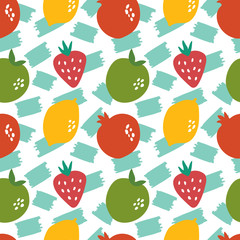 seamless pattern with strawberries, apples, lemons and pomegranates
