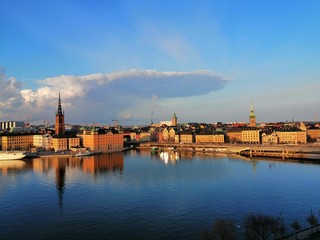 sunset over town of gdansk in poland
