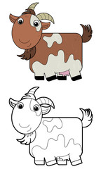 Cartoon happy farm animal cheerful goat isolated on white background with sketch illustration