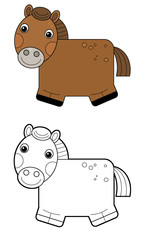 Obraz premium Cartoon happy farm animal cheerful horse isolated on white background with sketch illustration