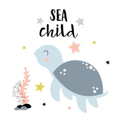 Obraz premium card with cute turtle isolated on white, sea child