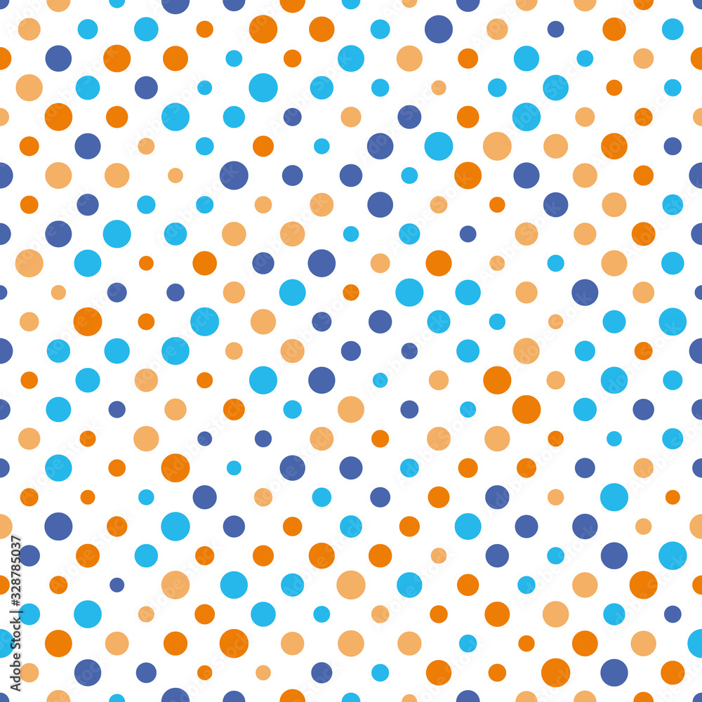 Poster seamless polka dot pattern. orange and blue dots in random sizes on white background. vector illustr