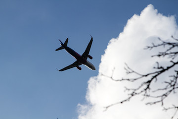 Plane in blue cloudy sky
