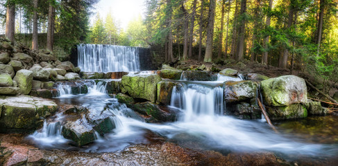 Beautiful panorama of waterfall in the forest - obrazy, fototapety, plakaty