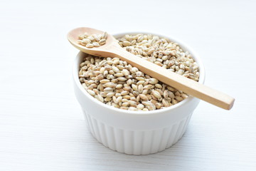 Raw barley grains, released in containers on white wooden background