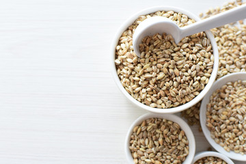 Raw barley grains, released in containers on white wooden background