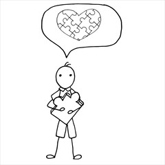 Boy with jigsaw puzzle in hand with buuble thought of love isolated on white background. Hand drawn vector illustration