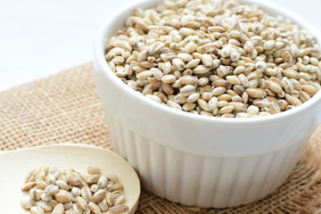 Raw barley grains, exhibited in containers on bottom in cloth