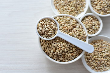 Raw barley grains, released in containers on white wooden background