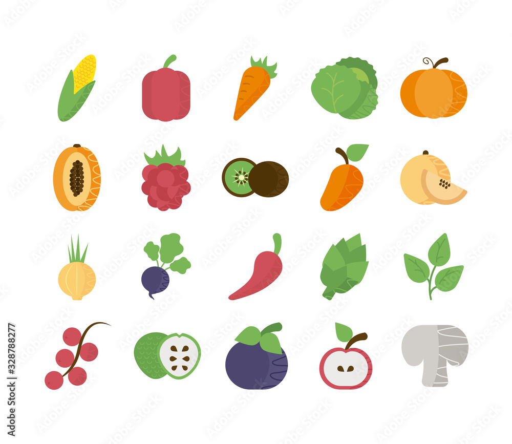 Poster set of icons of fresh fruits and vegetables