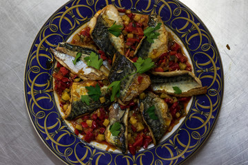 Pickled mackerel with a bed of vegetables