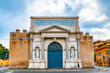 Rome, Italy. The outer face facade of the Porta Pia, a city gate in the Aurelian Walls of Rome,...