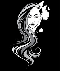 illustration of women long hair style icon, logo women on black background, vector