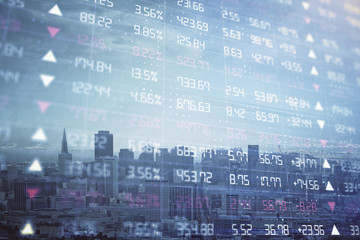 Fototapeta premium Forex graph on city view with skyscrapers background multi exposure. Financial analysis concept.