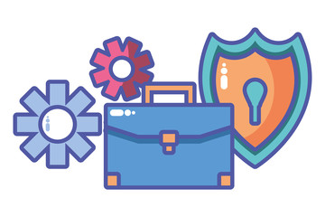 briefcase with seo icons on white background