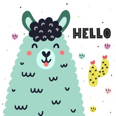 Hello card with a cute llama. Colorful print for kids with funny lama
