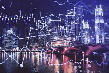 Financial chart on city scape with tall buildings background multi exposure. Analysis concept.