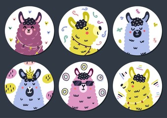 Circle shape stickers set with cute llama for kids. Funny prints collection with alpaca © juliyas