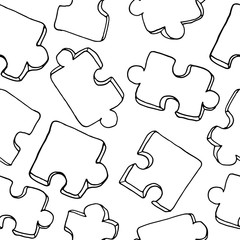 Seamless pattern with jigsaw puzzle pieces on white background. Hand drawn simple vector illustration