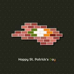 Happy St. Patricks's Day Card With Bricks And The Irish Flag. Three Leaf Clover Pattern Background