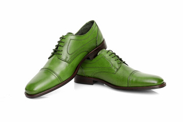 Male green leather shoes on white background, isolated product. 