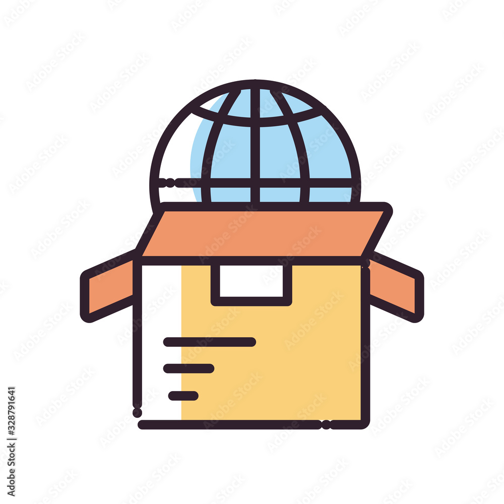Poster delivery box and global sphere fill style icon vector design