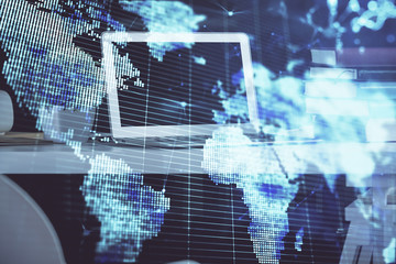 Double exposure of business theme icons and work space with computer background. Concept of success.