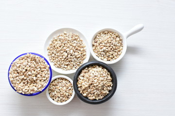 Raw barley grains, displayed in containers on textured background