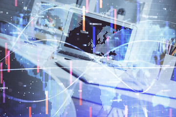 Double exposure of business theme icons and work space with computer background. Concept of success.