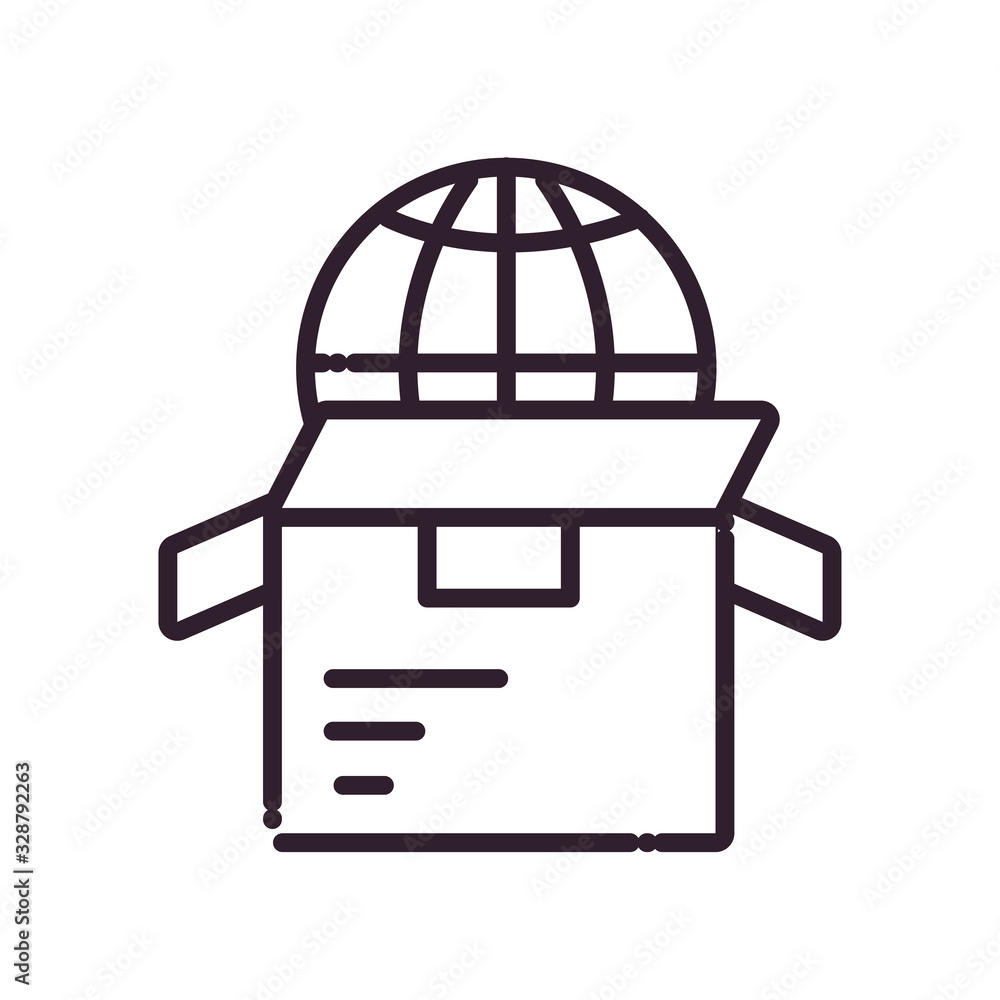 Poster delivery box and global sphere line style icon vector design